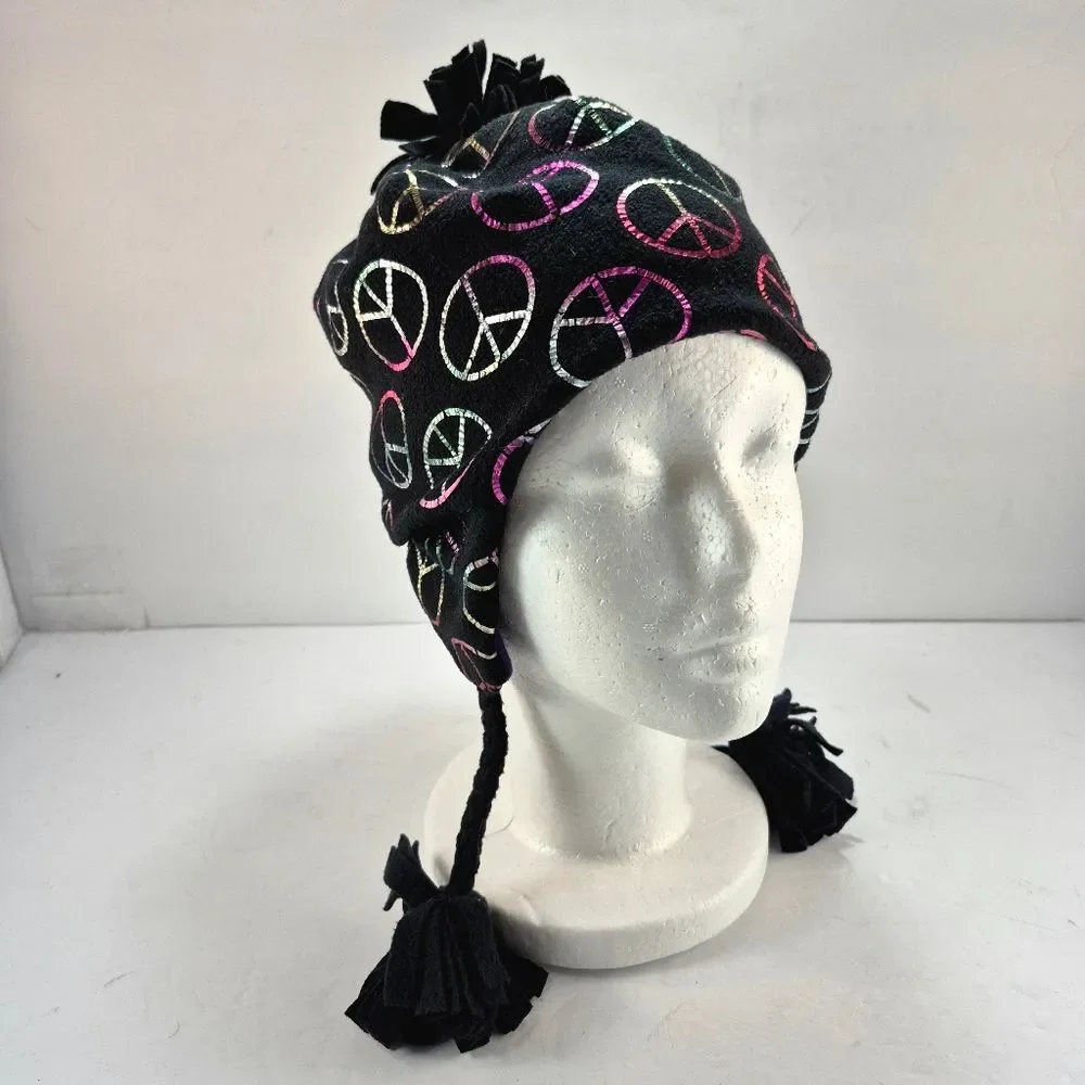 The Children's Place Black Fleece Earflap Winter Hat w/ Iridescent Peace Signs